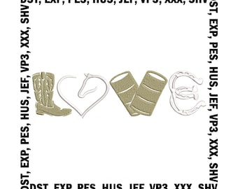 Diseño de bordado "Western LOVE": Botas de vaquero, caballo y rodeo (descarga digital)