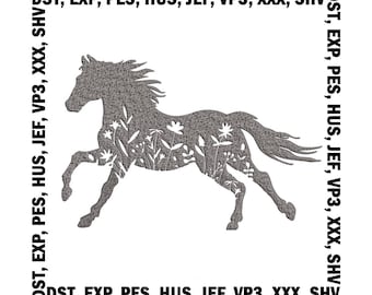 Floral Horse Embroidery Design, Running Horse Silhouette Machine File - 6 Sizes, Digital Download