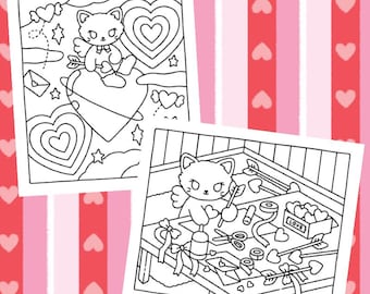Digital &#39;Cupid&#39;s Workshop&#39; Coloring Page Bundle - 2 Original Illustrations for Adults and Kids