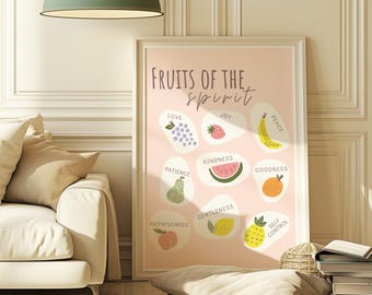 May include: A pink poster with the text "Fruits of the Spirit" in brown lettering. The poster features nine different fruits, each representing a different virtue: love, joy, peace, patience, kindness, goodness, faithfulness, gentleness, and self-control.