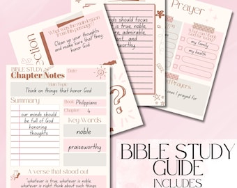 May include: A pink and brown printable Bible study guide with the text "Bible Study Guide" and "Includes 3 Color Options". The guide includes sections for chapter notes, prayer, and a verse that stood out.