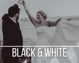 May include: Black and white photo of a couple dancing in a field. The bride is wearing a white dress and veil, and the groom is wearing a suit. The text "BLACK & WHITE lightroom presets" is superimposed on the image.