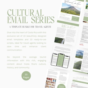 Op de afbeelding: Een digitaal sjabloonpakket genaamd Cultural Email Series voor reisagenten, met 20 pagina's aan e-maillay-outs, reisfoto's van Costa Rica en tekstblokken. Het ontwerp bevat saliegroene accenten, schreeflettertypes en mobiele mock-ups.