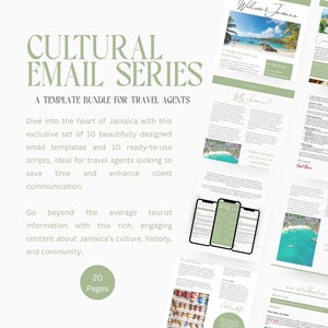 Könnte beinhalten: Ein digitales Vorlagenpaket für Reisebüros mit dem Titel Cultural Email Series, das 20 Seiten mit E-Mail-Vorlagen und Skripten enthält. Das Layout umfasst Text, Bilder von jamaikanischen Landschaften und Handy-Mockups mit grünen Akzenten.