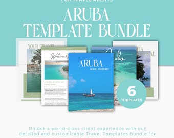 May include: A collection of six Aruba travel templates. The main template cover is blue with "ARUBA" and a sailboat on the sea. The text "MYJOURNEYTOCARE" and "FOR TRAVEL AGENTS" are at the top of the image.