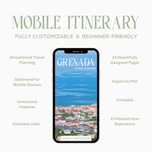 May include: A black smartphone displays a travel itinerary for Grenada, with the text "GRENADA TRAVEL ITINERARY." The phone is surrounded by text describing features like streamlined travel planning and 23 beautifully designed pages.