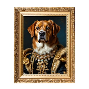 Op de afbeelding: Een portret van een hond gekleed in een gouden en groene koninklijke outfit met een juwelenkraag. De hond is een bruin-witte mix met een serieuze uitdrukking. Het portret is ingelijst in een gouden, sierlijke lijst.