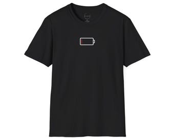 Low Battery Icon Unisex Softstyle T-Shirt, Exhausted, Funny Graphic Tee, Energy Level Shirt, Lazy Day Gift, Wearable Charger Shirt