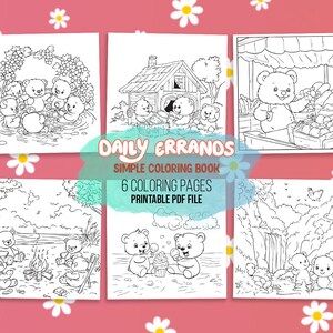Könnte beinhalten: Sechs ausdruckbare Malvorlagen mit entzückenden Bärenillustrationen in verschiedenen Szenen. Die Seiten zeigen Bären auf einem Markt, am Lagerfeuer und beim Eisessen. Der Text "Daily Errands" und "Simple Coloring Book" sind ebenfalls sichtbar.