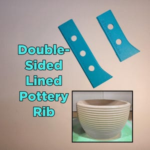 May include: Two teal double-sided pottery ribs with serrated edges and circular cutouts, marked with the text Schuler Obscura Studios. An inset image shows a beige ceramic bowl with horizontal ridges created by the pottery rib tool.