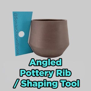 May include: A teal blue angled pottery rib shaping tool with a circular cutout and the text @SonderObscuraStudios printed vertically, positioned next to a brown ceramic pot with a wide rim and a tapered base for shaping clay forms.