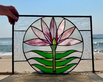 Pink LOTUS Flower, STAINED GLASS Panel, Custom Home Accent, Window Treatment, Glass Art Privacy Screen, Window Cover, Buddhist Pink Flower