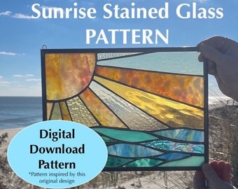 STAINED GLASS PATTERN, Sunrise Stained Glass Pattern, Digital Download Pattern, Stained Glass Sun Window, Beach Sun Stained Glass Pattern