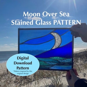 STAINED GLASS PATTERN, Moon Over Water Stained Glass, Moonrise Stained Glass, Stained Glass Diy, Ocean Moon Stained Glass Art, Unique Glass