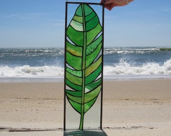 banana leaf art beach home decor window glass kitchen window art turquoise sky STAINED GLASS LEAF plant lover gift tropical glass