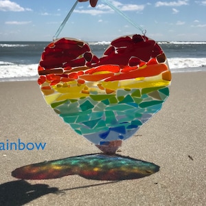 HEART SUNCATCHER RAINBOW, sea glass, mothers day gift, glass heart ornaments, healing vibes, chakra, sunrise, kitchen window, stained glass