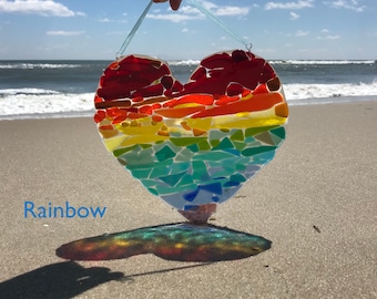 HEART SUNCATCHER RAINBOW, sea glass, mothers day gift, glass heart ornaments, healing vibes, chakra, sunrise, kitchen window, stained glass