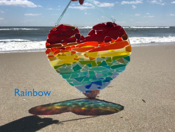HEART SUNCATCHER RAINBOW, Sea Glass, Mothers Day Gift, Glass Heart