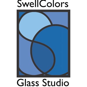 May include: Logo for Swell Colors Glass Studio, featuring a stylized design of overlapping blue circles within a square frame. The text "Swell Colors" is above the design, and "Glass Studio" is below, with the website address "SwellColors.com" underneath.