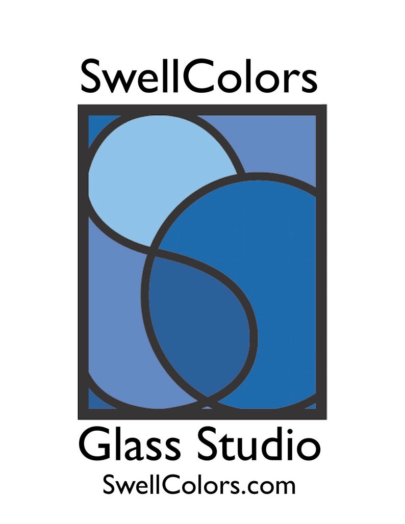 May include: Logo for Swell Colors Glass Studio, featuring a stylized design of overlapping blue circles within a square frame. The text "Swell Colors" is above the design, and "Glass Studio" is below, with the website address "SwellColors.com" underneath.