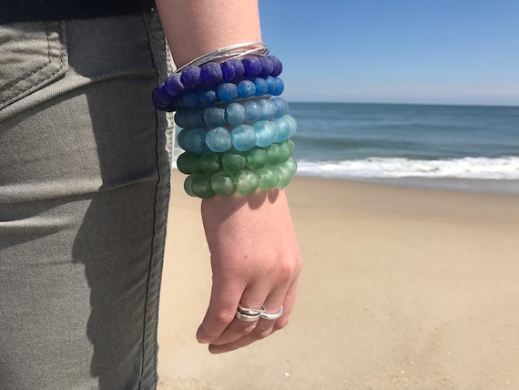 SEA GLASS BRACELET, Seafoam Jewelry, Beachy Gift, Blue Sea Glass, Mom Gift, Stretch Bracelet, Adjustable, Sea Glass Art, Fair Trade Beads