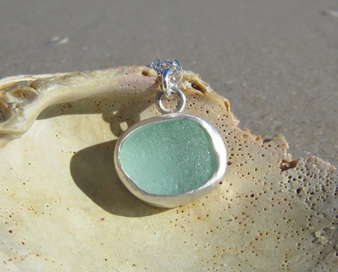 STERLING Silver SEA GLASS Necklace, Blue Sea Glass, Beach Glass Pendant ...