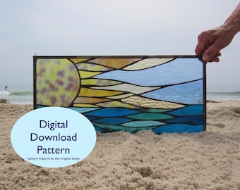 STAINED GLASS PATTERN, Sun Over Water Stained Glass Pattern, Digital Download Pattern, Sun Window, Sun Stained Glass Panel by SwellColors