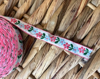 1/2” Vintage Floral Woven Jacquard Pink Copen Ribbon