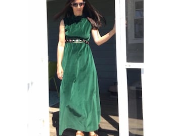 Abito lungo senza maniche verde smeraldo con vita impero ricamata - Vintage