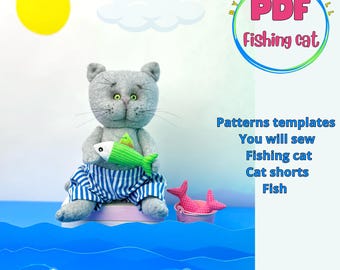 PDF Cat Sewing Pattern - Stuffed Plush Toy with Fish, Beginner Softie, Instant Digital Download