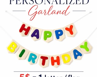 Striscione di buon compleanno personalizzato in feltro, ghirlanda arcobaleno per feste di compleanno per bambini.
