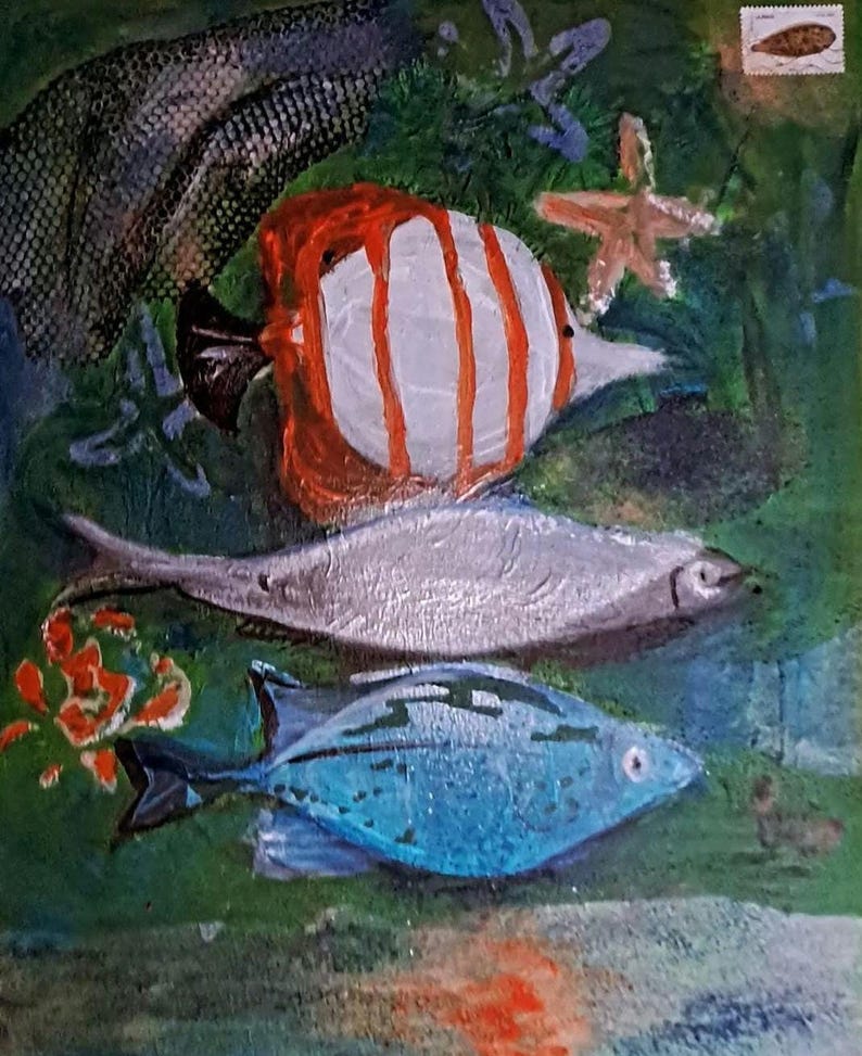 Collage Painting “fish and Shells” – Marine Mixed Media Art With ...