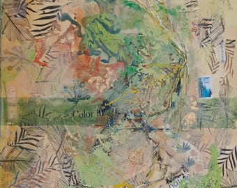 以下が含まれることがあります： テクスチャと色がコラージュされた抽象的なミクストメディアのアートワーク。緑、ベージュ、茶色のトーンに葉とテキストの要素が特徴です。「Rêver」という言葉が上部に表示され、「Color」も表示されています。