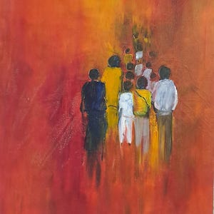 May include: Abstract painting with a red and orange backdrop. Several figures are depicted in the centre, with varying colours of clothing, including yellow, white, and blue. The artwork is signed in the bottom right corner.