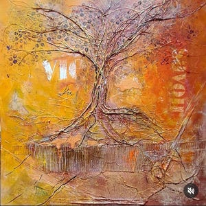 May include: Textured abstract painting of a tree with visible roots and branches, set against a warm orange and yellow backdrop. The word "VIA" is visible in white. The artwork has a rustic, earthy aesthetic.