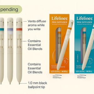 May include: An assortment of Lifelines Pen Diffusers in white with colored accents. The pens have a 1.0 mm black ballpoint tip and contain essential oil blends. Packaging includes orange, blue, and a set box with the text "Apple Crisp".