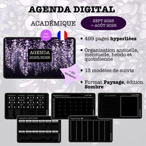 Agenda Digital Académique 2025/2026, Digitaler Planner, Planificateur digital, scolaire, Hyperlié, mode sombre, Français, PDF, Goodnotes