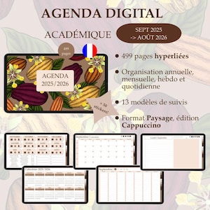 Agenda Digital Académique 2025/2026, Digitaler Planner, Planificateur digital, Schule, Hyperlié, Edition Cappuccino, Français, PDF, Goodnotes
