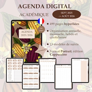 Agenda Digital Académique 2025/2026, Digitaler Planner, Planificateur digital, Schule, Hyperlié, Edition Cappuccino, Français, PDF, Goodnotes