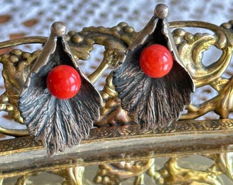 Brutalist Sterling Silver Leaf Earrings: Red Coral Accent