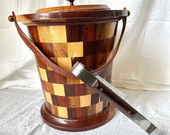 Vintage Wood Ice Bucket with EKCO Tongs | Mid Century Checkerboard Barware