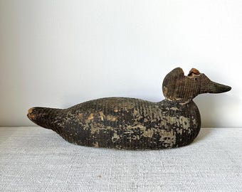 Antique Hand-Carved Wooden Duck Decoy | Glass Eye, Primitive Folk Art Waterfowl Hunting Decoy