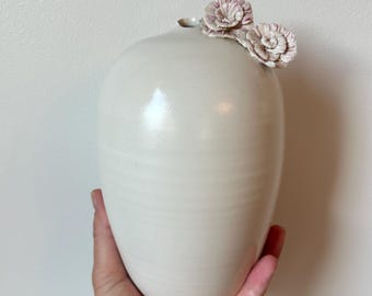 Artist-Signed Studio Pottery Vase by Vina — Cream Glaze, Floral Detail, Handcrafted Ceramic