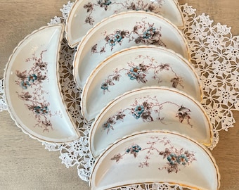 Vintage Crescent Bone Dishes – Set of 6 • Floral Porcelain • Gold Trim • Crescent Moon Plates