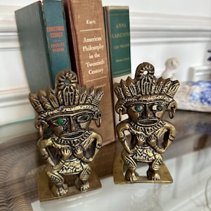 Vintage Pre-Columbian Style Bookends: Brass Warrior Figures with Green Eyes