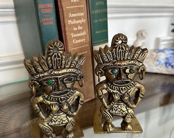 Vintage Pre-Columbian Style Bookends: Brass Warrior Figures with Green Eyes