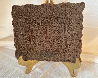 Vintage Hand Carved Indian Wooden Block | Floral Jali Pattern Stamp, Rustic Wall Decor