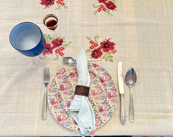 Vintage Rose Cross Stitch Linen Tablecloth with Tassels (61.5” x 62.5”)