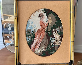 Vintage Petit Point Embroidery: Royal Paris Style Framed Needlepoint - Lady with Dog