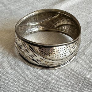 Vintage Artisan Brutalist Cuff Bracelet | Silver-Plated Brass Sculptural Statement Jewelry | Non-Adjustable